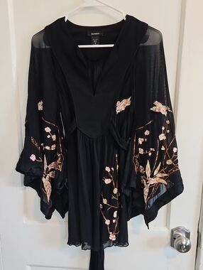 Express Black Floral Embroidered Kimono Tunic